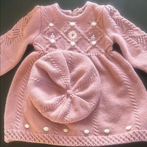 Rachel Zoe Soft Pink Knit Baby dress and beret 3-6 months